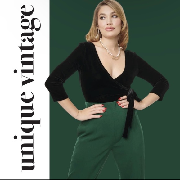 Unique Vintage Tops - Unique Vintage Black Velvet Surplice Long Sleeve Bodysuit, Size 1x, NWT!